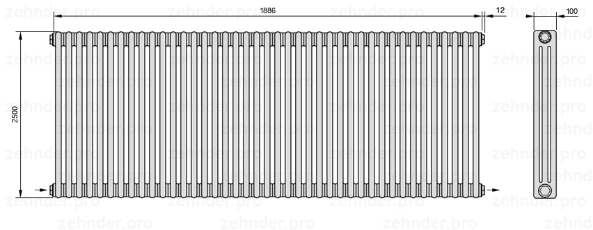 Схема (чертеж) Радиатор Zehnder Charleston 3250/41 №2670 Белый глянцевый RAL 9016